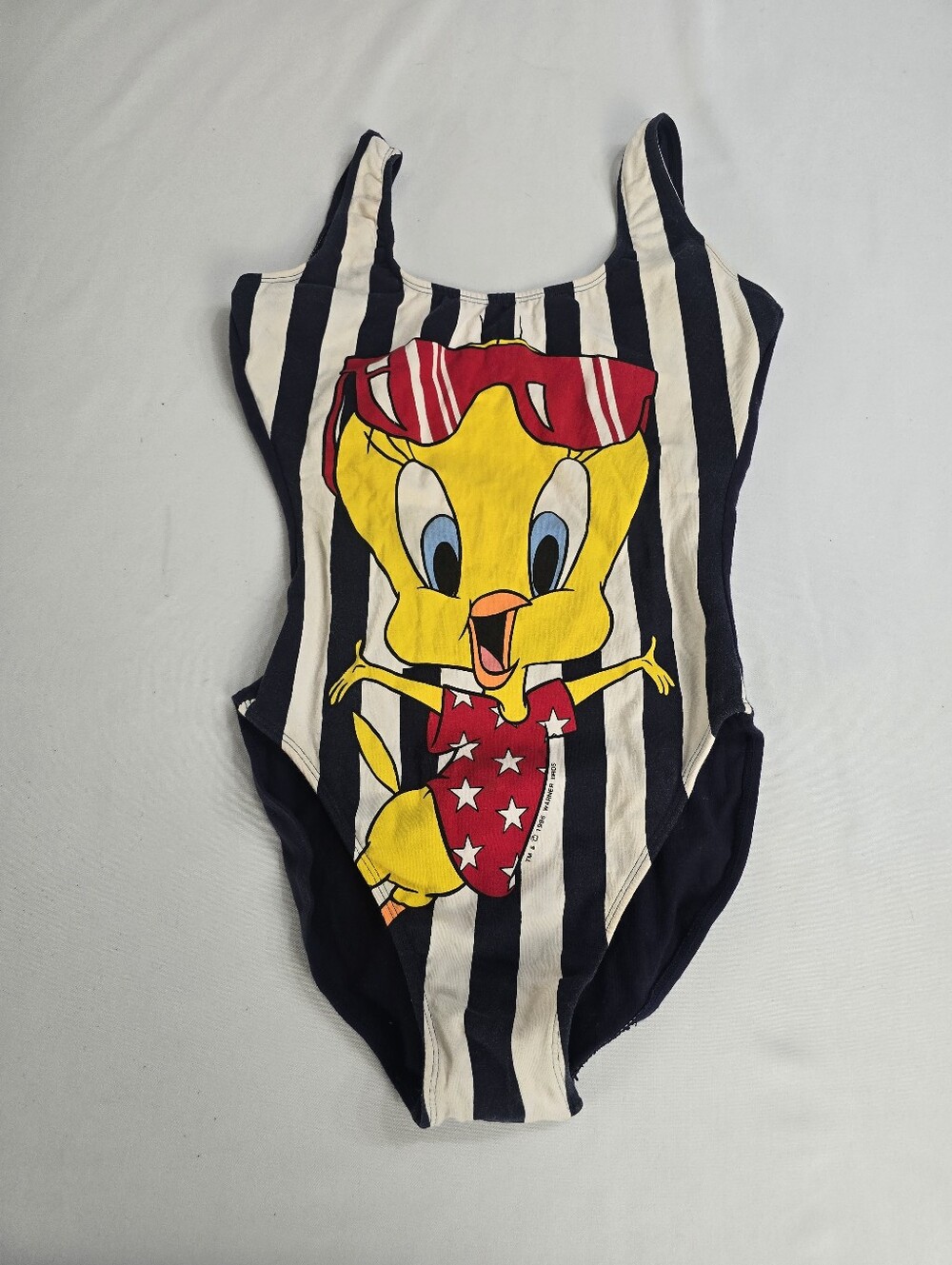 Vintage 90's Tweety Bird Nautical Striped Swimsuit 4th Of July Looney Tunes 9/10